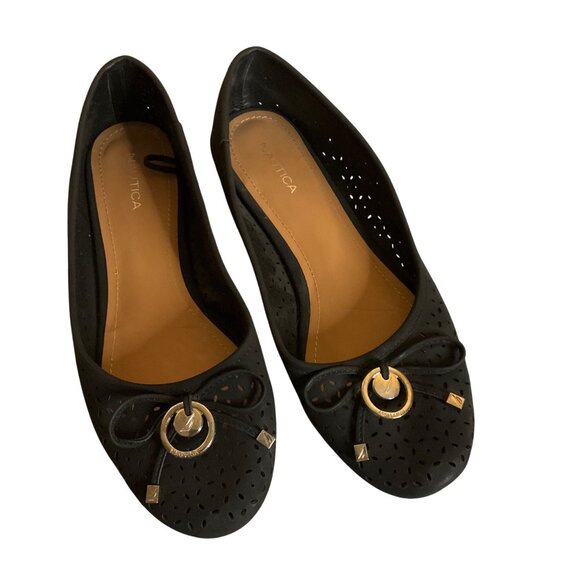 Nautica Womens Black Perforated Slip-On Flats With Bow & Gold Detail Sz 9 Classi - Picture 1 of 10